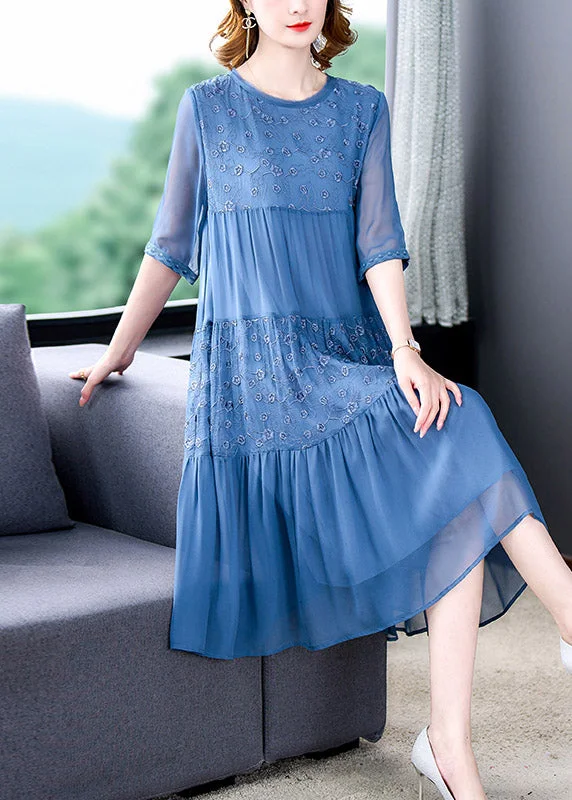 Beautiful Blue O-Neck Embroidered Patchwork Wrinkled Silk Long Dresses Half Sleeve Tunics Corduroy durable Beautiful Blue O-Neck Embroidered Patchwork Wrinkled Silk Long Dresses Half Sleeve Tunics Corduroy durable