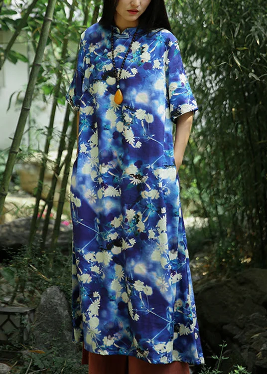 Beautiful Blue Print Pockets Linen Long Dresses Short Sleeve Tunics Plaid country