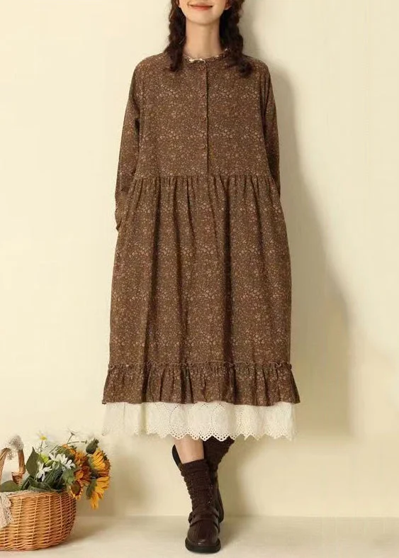 Beautiful Coffee Ruffled Print Pockets Patchwork Cotton Long Dresses Fall Tunics Floral girly Beautiful Coffee Ruffled Print Pockets Patchwork Cotton Long Dresses Fall Tunics Floral girly
