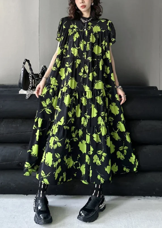Beautiful Green Print Wrinkled Patchwork Cotton Long Dresses Summer Tunics Silk luxurious Beautiful Green Print Wrinkled Patchwork Cotton Long Dresses Summer Tunics Silk luxurious