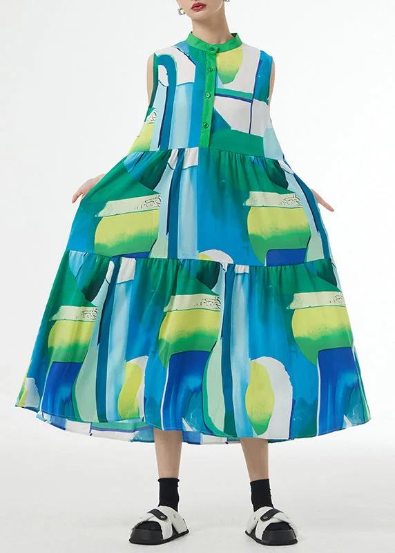 Beautiful Green Stand Collar Print Patchwork Cotton Party Long Dresses Sleeveless Tunics Satin smooth Beautiful Green Stand Collar Print Patchwork Cotton Party Long Dresses Sleeveless Tunics Satin smooth