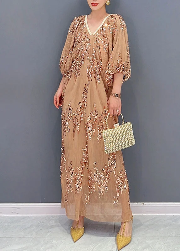 Beautiful Khaki Sequins Wrinkled Tulle Party Long Dress Puff Sleeve empire Waist empire Beautiful Khaki Sequins Wrinkled Tulle Party Long Dress Puff Sleeve empire Waist empire