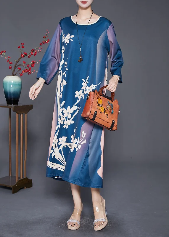 Beautiful Navy Oversized Print Silk Long Dress Fall Halter Neckline Beach