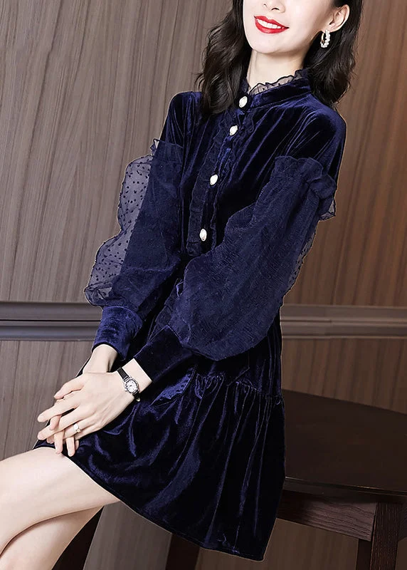 Beautiful Navy Ruffled Tie Waist Patchwork Velour Dresses Puff Sleeve Off-the-shoulder Chic Trendy Beautiful Navy Ruffled Tie Waist Patchwork Velour Dresses Puff Sleeve Off-the-shoulder Chic Trendy