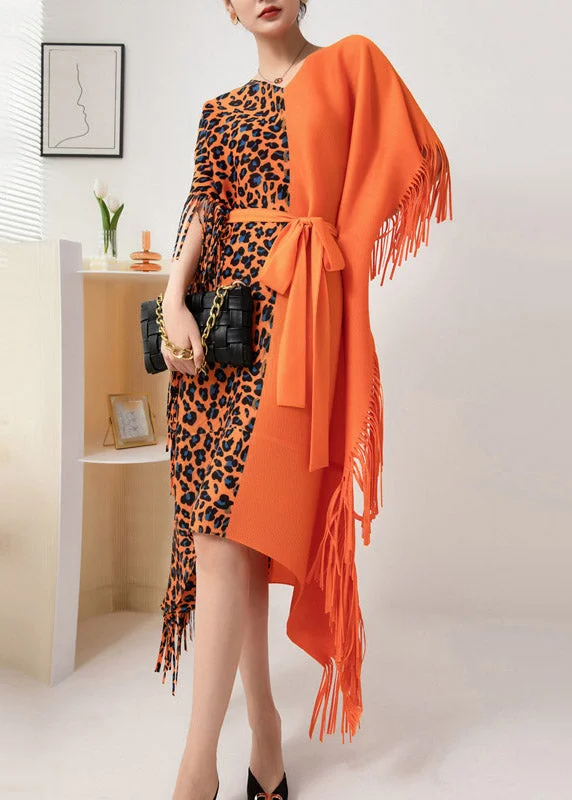 Beautiful Orange Asymmetrical Design Patchwork Tie Waist Tassel Long Dress Fall Boat Neckline Classic Beautiful Orange Asymmetrical Design Patchwork Tie Waist Tassel Long Dress Fall Boat Neckline Classic