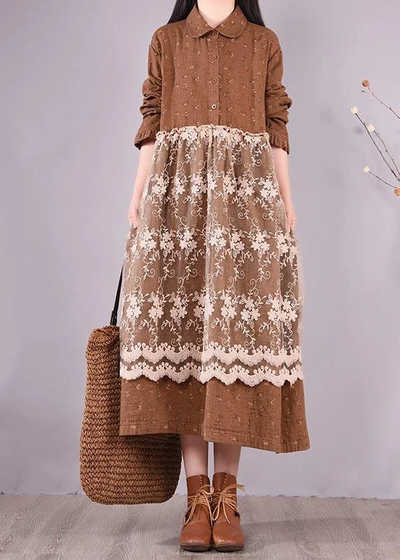 Beautiful Patchwork Lace Spring Clothes For Women Catwalk Chocolate Print Long Dresses Turtleneck Neckline Stylish Beautiful Patchwork Lace Spring Clothes For Women Catwalk Chocolate Print Long Dresses Turtleneck Neckline Stylish