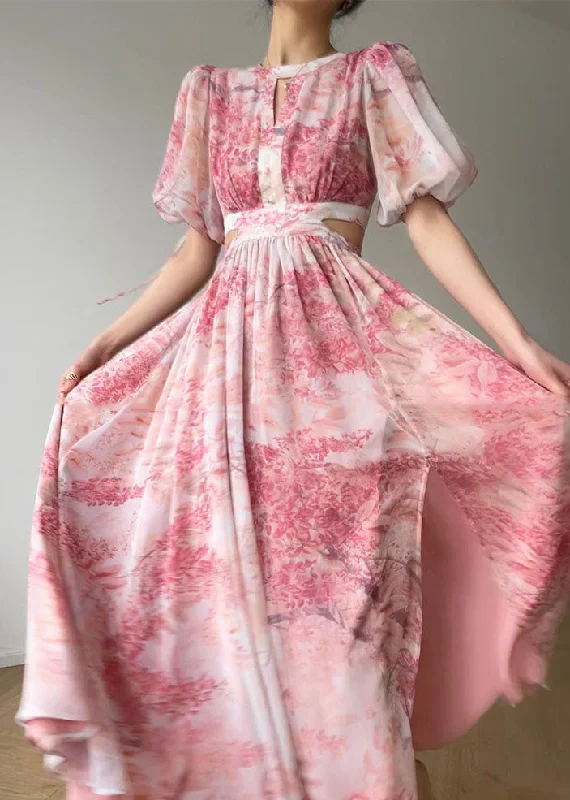 Beautiful Pink O Neck Print Side Open Silk Long Dresses Summer Pencil Office Professional Beautiful Pink O Neck Print Side Open Silk Long Dresses Summer Pencil Office Professional