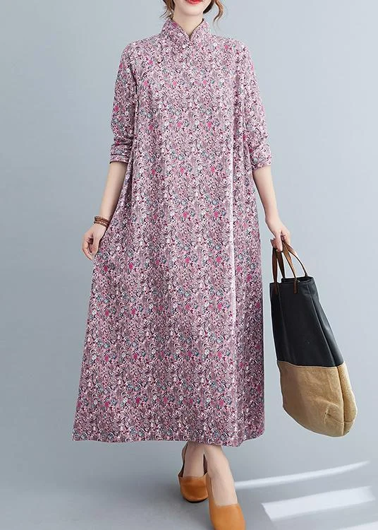 Beautiful Pink Print Cotton Oriental Spring Long Dress Turtleneck Warm Winter