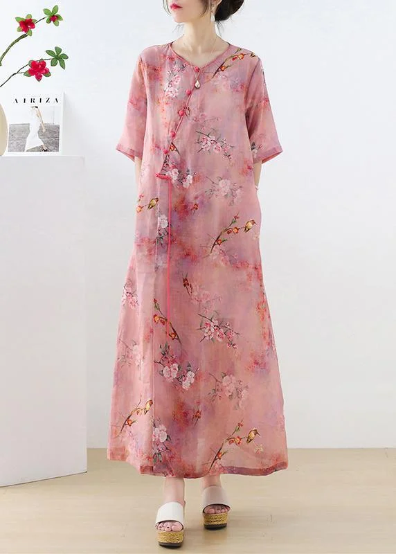 Beautiful Pink Print Oriental asymmetrical Design Summer Ramie Long Dresses Crew Neckline Casual
