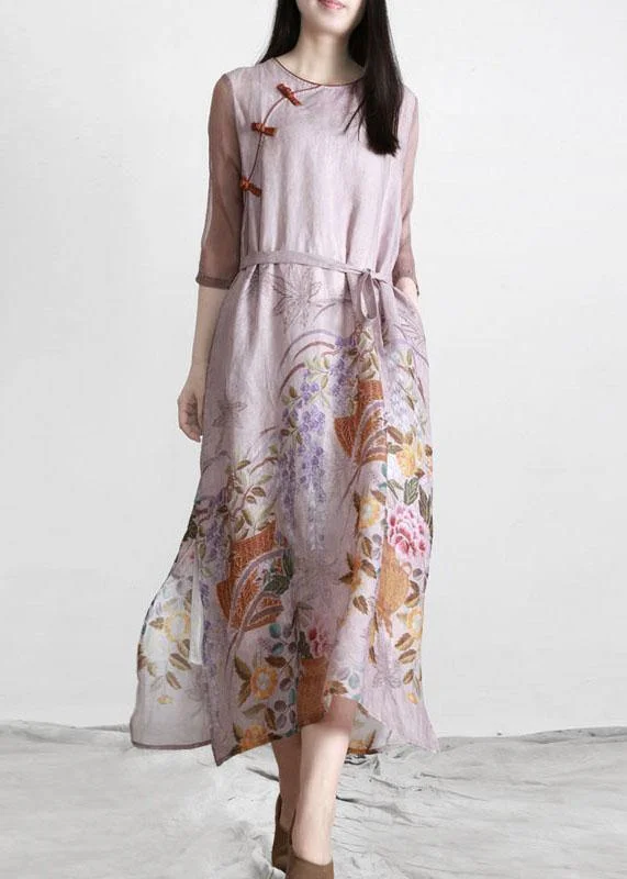 Beautiful Pink Print tie waist Pockets Summer Linen Dress sweetheart Neckline Romantic Beautiful Pink Print tie waist Pockets Summer Linen Dress sweetheart Neckline Romantic