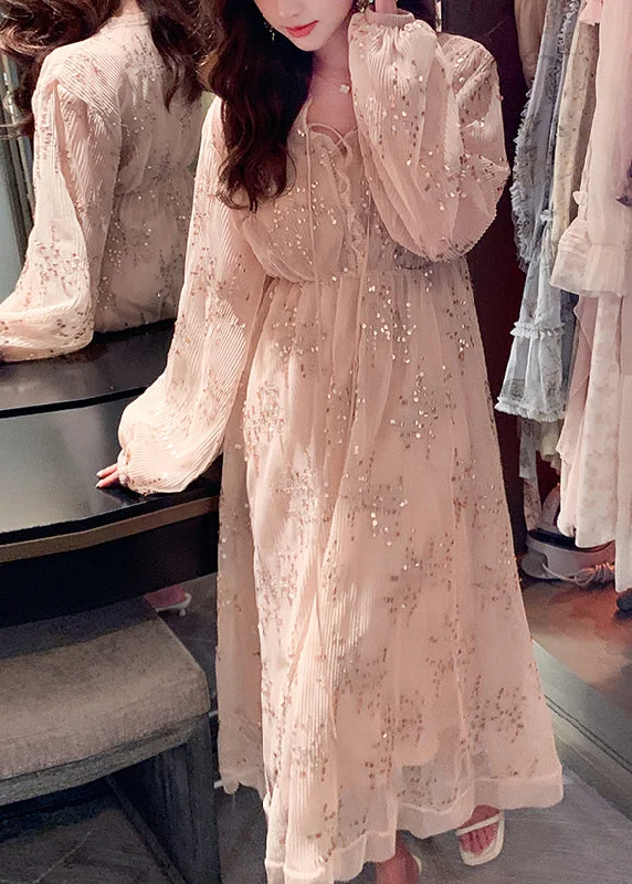 Beautiful Pink V Neck Cinched Patchwork Sequins Chiffon Long Dress Spring Square Neckline Feminine