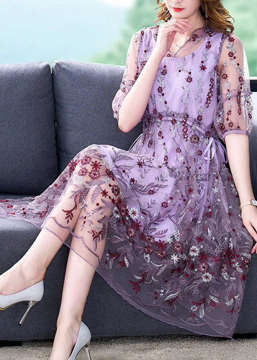 Beautiful Purple Embroideried Hollow Out Tulle Long Dress Summer Crew Neckline Sporty