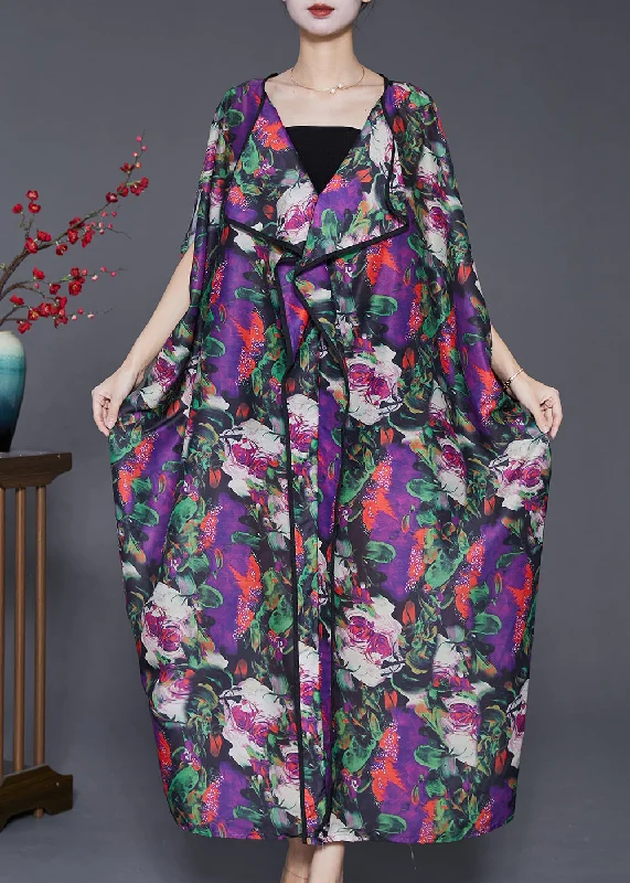 Beautiful Purple Oversized Print Chiffon Long Dresses Batwing Sleeve A-Line Day Work Beautiful Purple Oversized Print Chiffon Long Dresses Batwing Sleeve A-Line Day Work