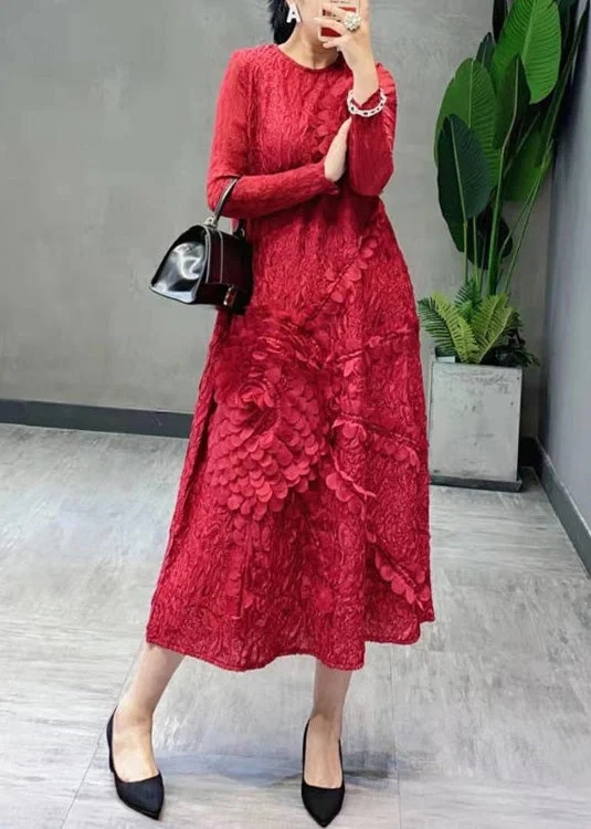 Beautiful Red O-Neck Embroideried Floral Long Dress Spring Cowl Neckline Elegant