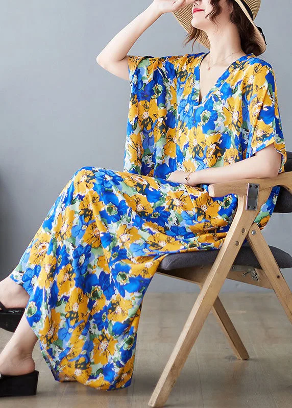 Beautiful V Neck Print Satin Long Dresses Short Sleeve Tunics Stylish elegant