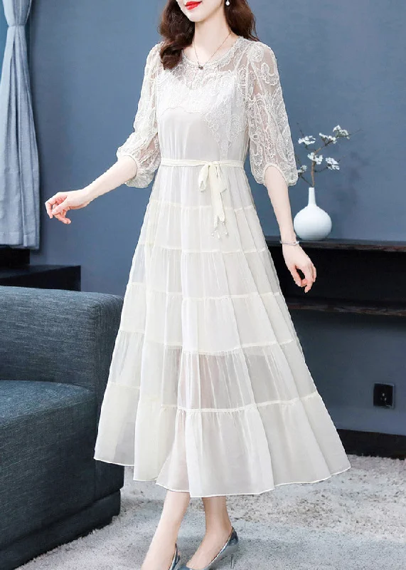 Beige Embroideried Tie Waist Silk Long Dresses Long Sleeve Elegant Long Evening