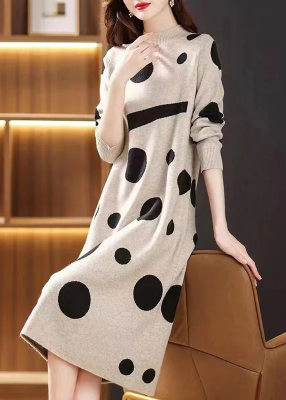 Beige Print Patchwork Woolen Long Dresses Stand Collar Fall Tunics Trendy modern