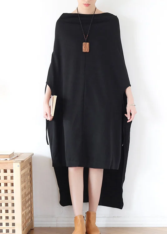 Black Backless Baggy Cotton Long Dress Low High Design Batwing Sleeve Casual Short Summer Black Backless Baggy Cotton Long Dress Low High Design Batwing Sleeve Casual Short Summer