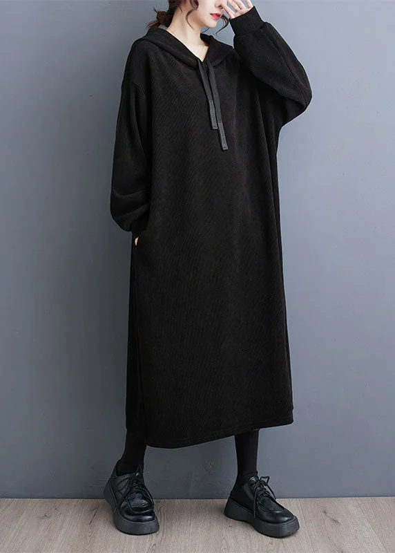 Black Lace Tie Patchwork Hooded Long Dress Long Sleeve Tunics Cozy soft