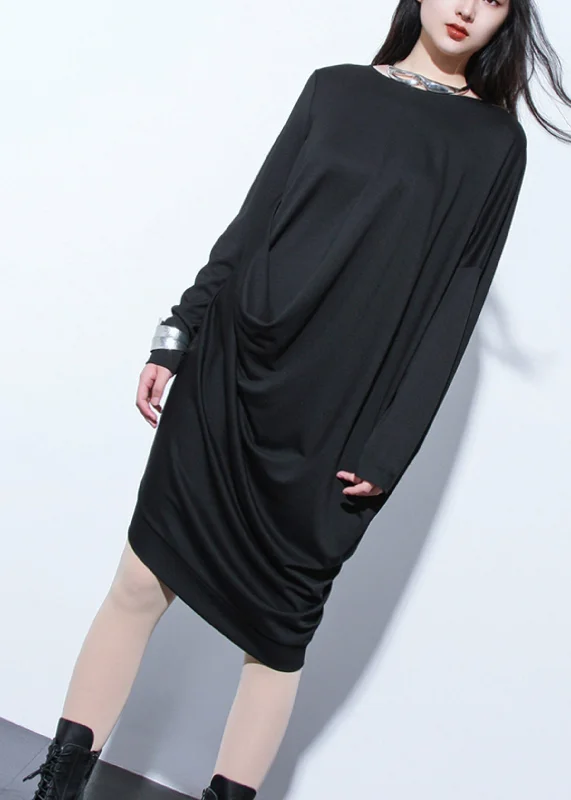 Black O-Neck Wrinkled Long Dresses Long Sleeve Tunics Practical easy-care