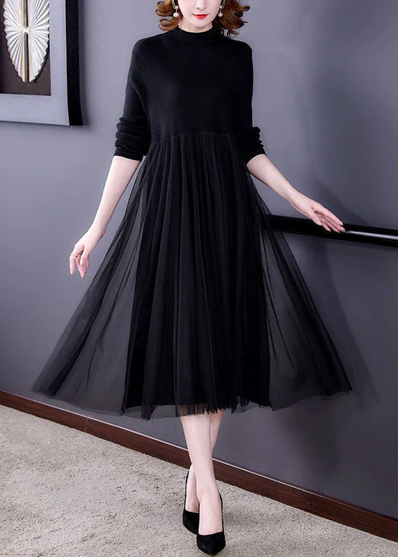 Black Patchwork Tulle Knit Long Dress Exra Large Hem Long Sleeve Tunics Versatile functional Black Patchwork Tulle Knit Long Dress Exra Large Hem Long Sleeve Tunics Versatile functional