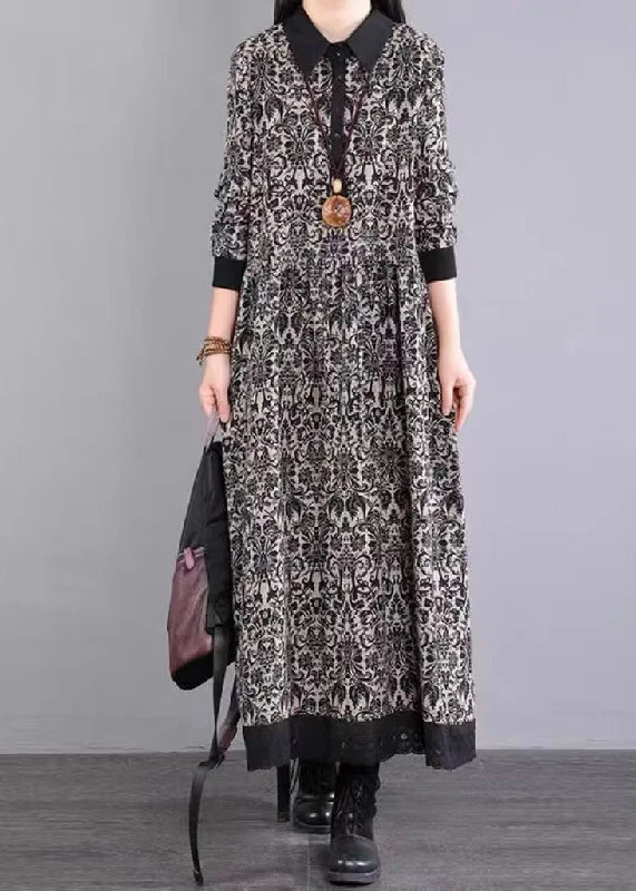 Black Print Patchwork Cotton Long Dress Peter Pan Collar Fall Tunics Luxurious premium Black Print Patchwork Cotton Long Dress Peter Pan Collar Fall Tunics Luxurious premium