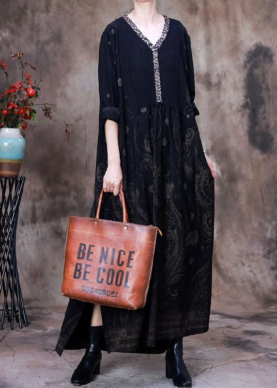 Black side open Patchwork Velour Long Dresses Spring Tunics Sophisticated sleek