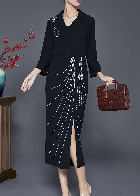 Black Silm Fit Cotton Long Dresses Notched Collar Fall Tunics Sophisticated sleek