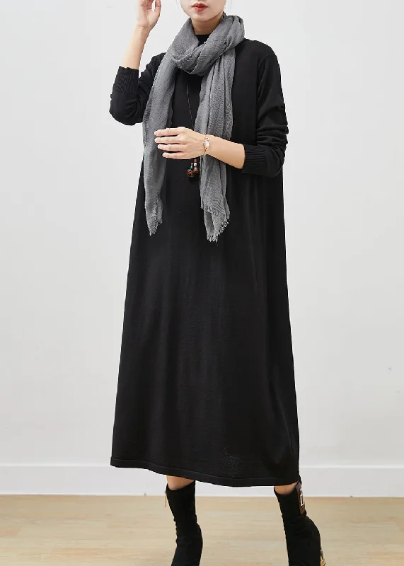 Black Silm Fit Knit Long Dress Stand Collar Spring Tunics Chic fashionable