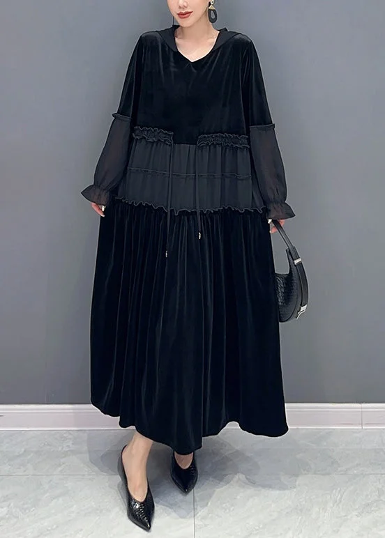Black Wrinkled Patchwork Velour Long Dress Hooded Long Sleeve Tunics Top rated