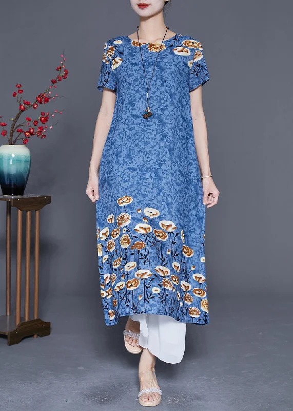 Blue Grey Print Cotton Long Dresses O-Neck Oversized Summer Tunics Recommended stylist