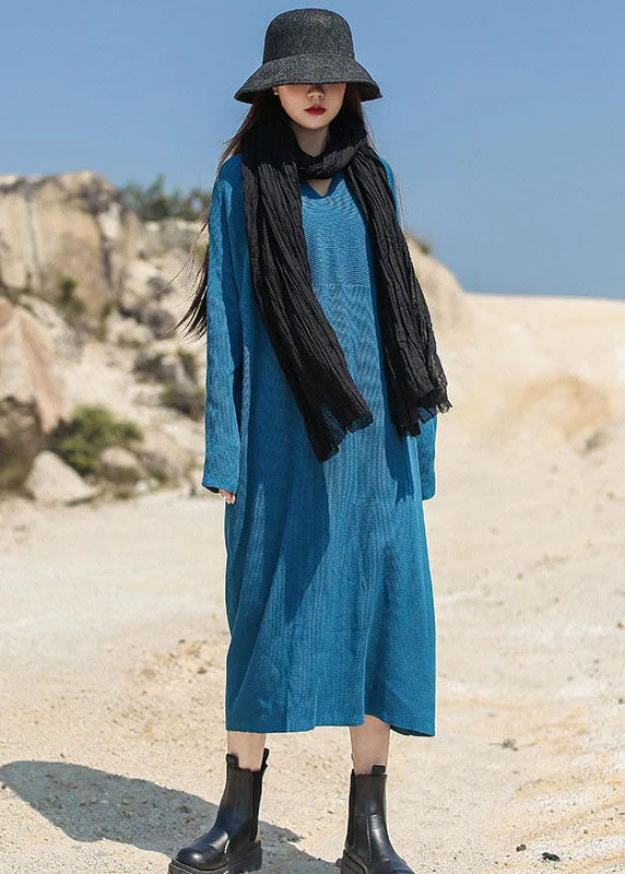 Blue Loose Casual Knit Long Dress V Neck Spring Tunics Bestseller popular