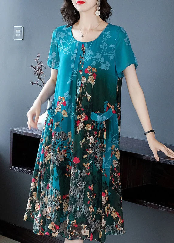 Blue Patchwork Wrinkled Chiffon Long Dress Short Sleeve Tunics Custom made
