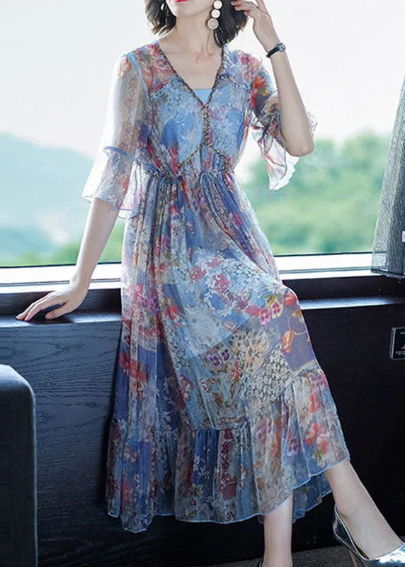 Blue Print Chiffon Long Dresses Cinched Exra Large Hem Summer Tunics Handmade artisanal Blue Print Chiffon Long Dresses Cinched Exra Large Hem Summer Tunics Handmade artisanal