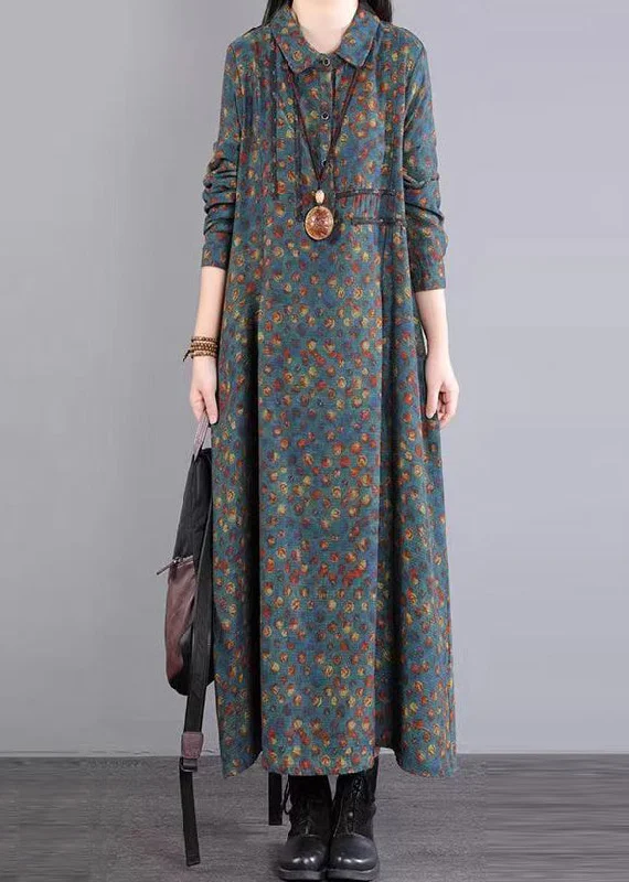 Blue Print Pockets Patchwork Cotton Long Dress Peter Pan Collar Fall Tunics Designer luxury Blue Print Pockets Patchwork Cotton Long Dress Peter Pan Collar Fall Tunics Designer luxury