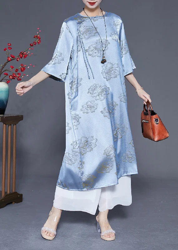 Blue Print Silk Long Dresses Chinese Button Tassel Half Sleeve Tunics Sale discount