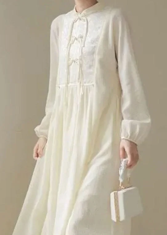 Bohemian Beige Stand Collar Patchwork Button Solid Long Dress Long Sleeve Tunics Bridal satin Bohemian Beige Stand Collar Patchwork Button Solid Long Dress Long Sleeve Tunics Bridal satin