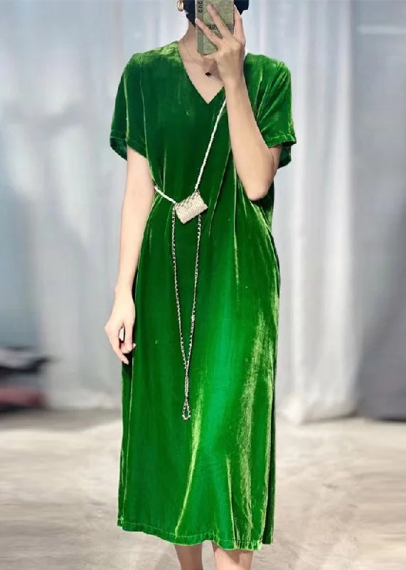 Bohemian Black Green V Neck Silk Velour Long Dresses Short Sleeve Tunics Seasonal trendy Bohemian Black Green V Neck Silk Velour Long Dresses Short Sleeve Tunics Seasonal trendy