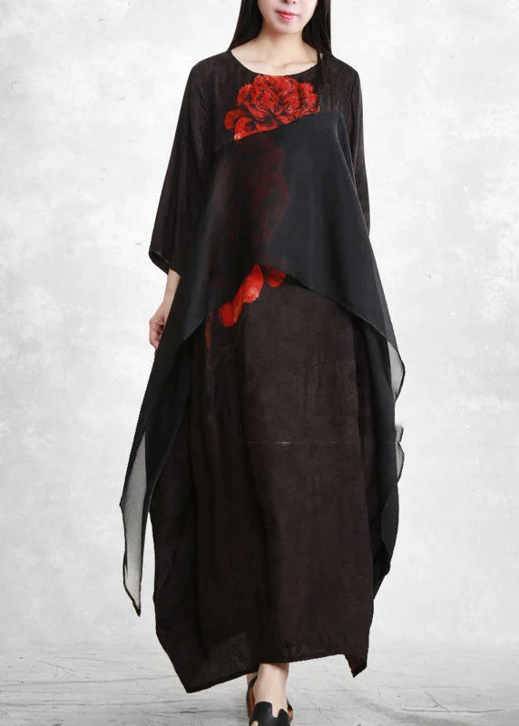 Bohemian Black O-Neck Asymmetrical Floral Print Long Dresses Three Quarter sleeve Tunics Spring floral Bohemian Black O-Neck Asymmetrical Floral Print Long Dresses Three Quarter sleeve Tunics Spring floral