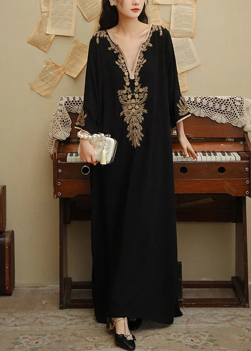Bohemian Black V Neck Embroideried Side Open Cotton Long Dress Spring Tunics Ceremony elegant