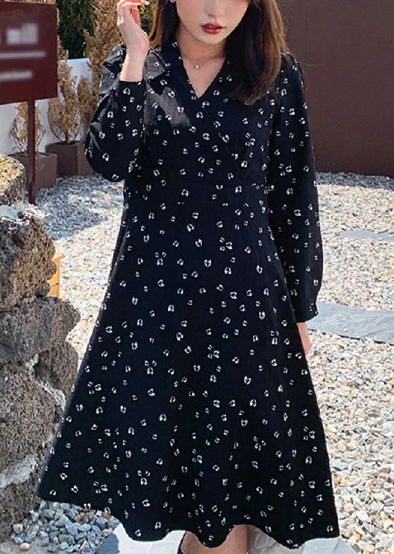 Bohemian Black V Neck Print Chiffon Long Dress Fall Tunics Party sparkling