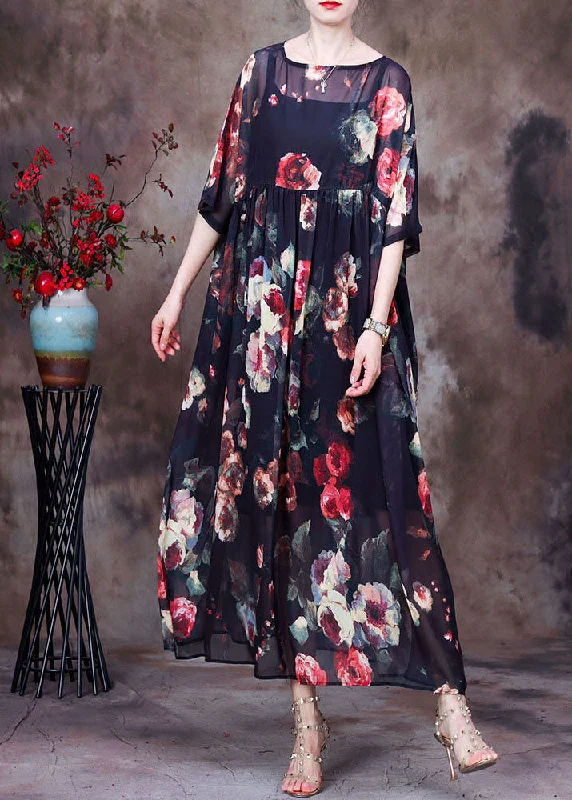 Bohemian Black Wrinkled Print Chiffon Long Dress And Dress Spaghetti Strap Two Piece Suit Set Summer Tunics Winter warm Bohemian Black Wrinkled Print Chiffon Long Dress And Dress Spaghetti Strap Two Piece Suit Set Summer Tunics Winter warm