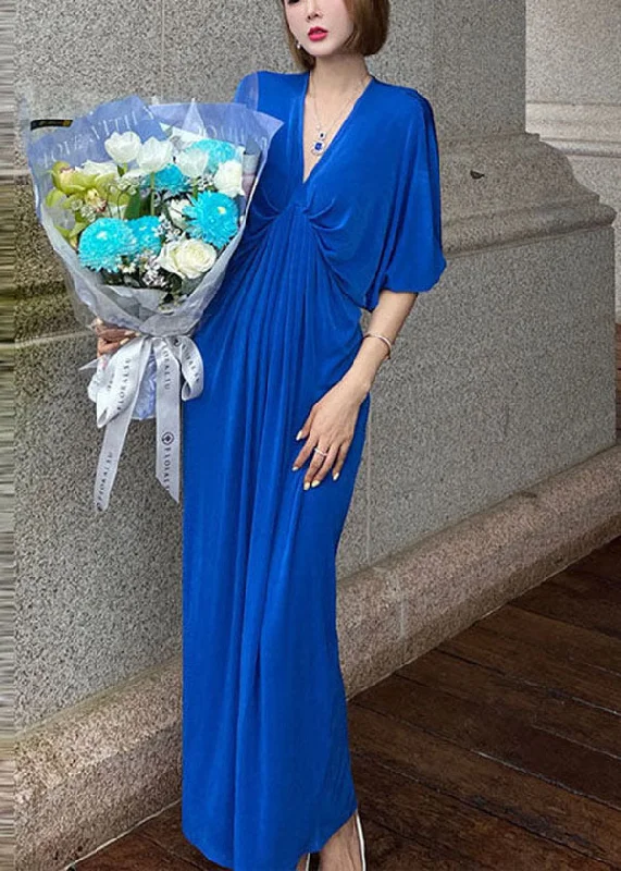 Bohemian Blue V Neck Solid Color Patchwork Wrinkled Long Dress Batwing Sleeve Tunics Occasion special Bohemian Blue V Neck Solid Color Patchwork Wrinkled Long Dress Batwing Sleeve Tunics Occasion special