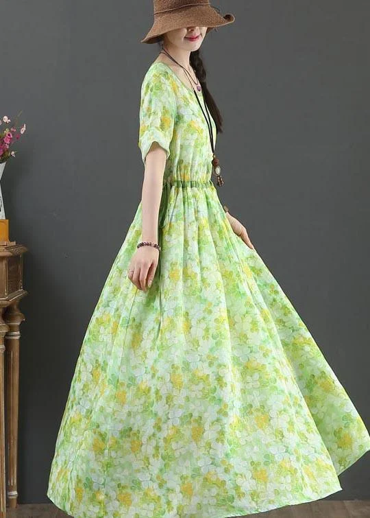 Bohemian Green Print Linen tie waist Summer Dress Tunics Yoga stretchy