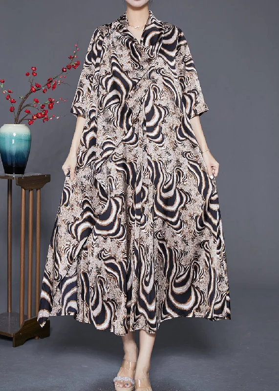 Bohemian Khaki Turtle Neck Print Chiffon Long Dress Summer Tunics Denim casual