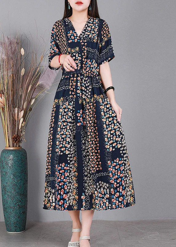 Bohemian Navy V Neck Print Drawstring Silk Long Dress Short Sleeve Tunics Fleece cozy Bohemian Navy V Neck Print Drawstring Silk Long Dress Short Sleeve Tunics Fleece cozy