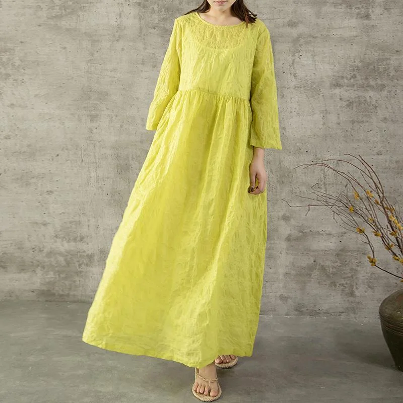 Bohemian o neck linen dress design yellow loose waist Dresses summer Tunics Business professional Bohemian o neck linen dress design yellow loose waist Dresses summer Tunics Business professional