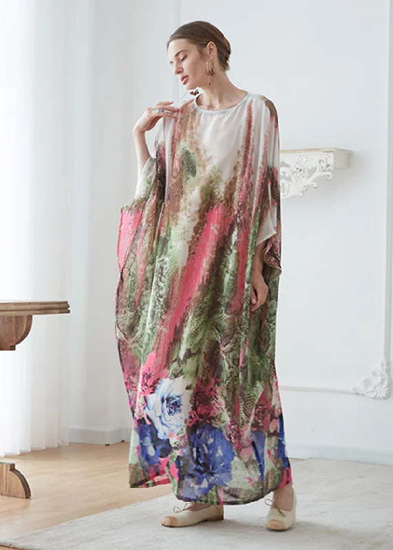 Bohemian O Neck Print Chiffon Vacation Long Dresses Batwing Sleeve Tunics Corduroy durable