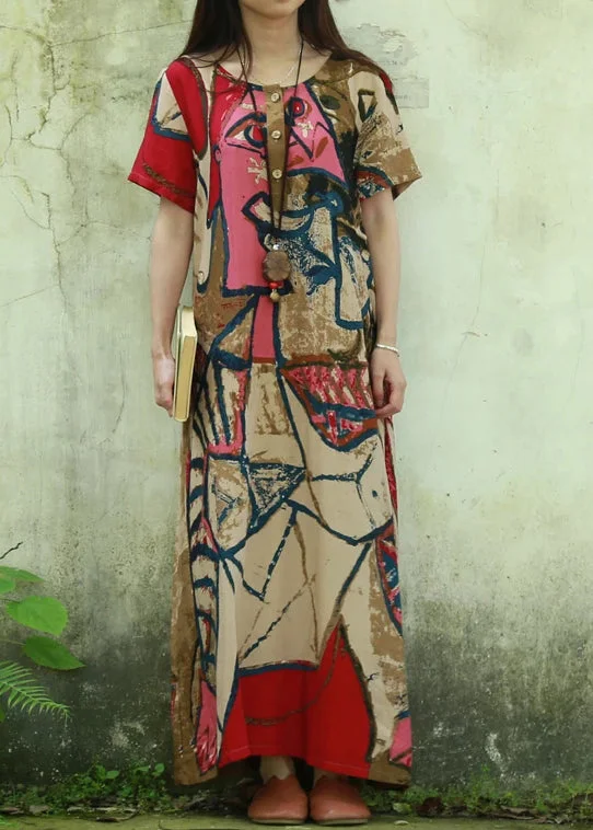 Bohemian Pink O-Neck Print Cotton Long Dress Short Sleeve Tunics Leisure comfortable Bohemian Pink O-Neck Print Cotton Long Dress Short Sleeve Tunics Leisure comfortable