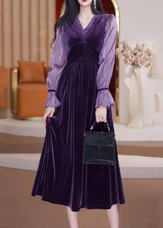 Bohemian Purple V Neck Patchwork Wrinkled Silk Velour Long Dresses Long Sleeve Crew Neckline Casual Bohemian Purple V Neck Patchwork Wrinkled Silk Velour Long Dresses Long Sleeve Crew Neckline Casual